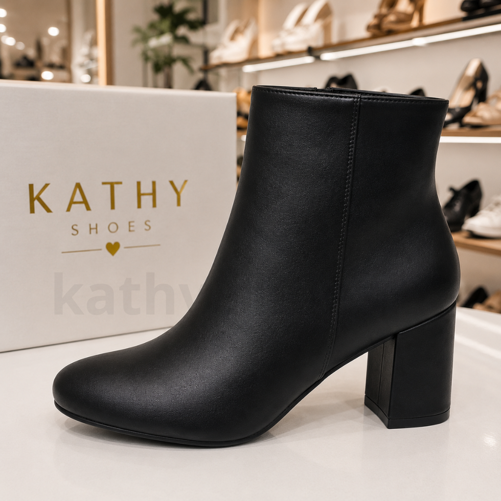 Botín premium negro para mujer exhibido en tienda Kathy Shoes.