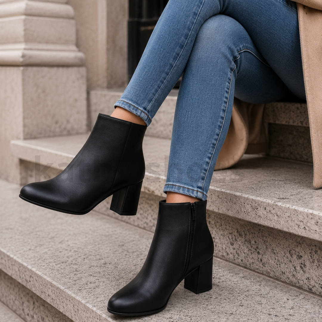Mujer usando botines elegantes negros de taco 7 cm con outfit casual y moderno.