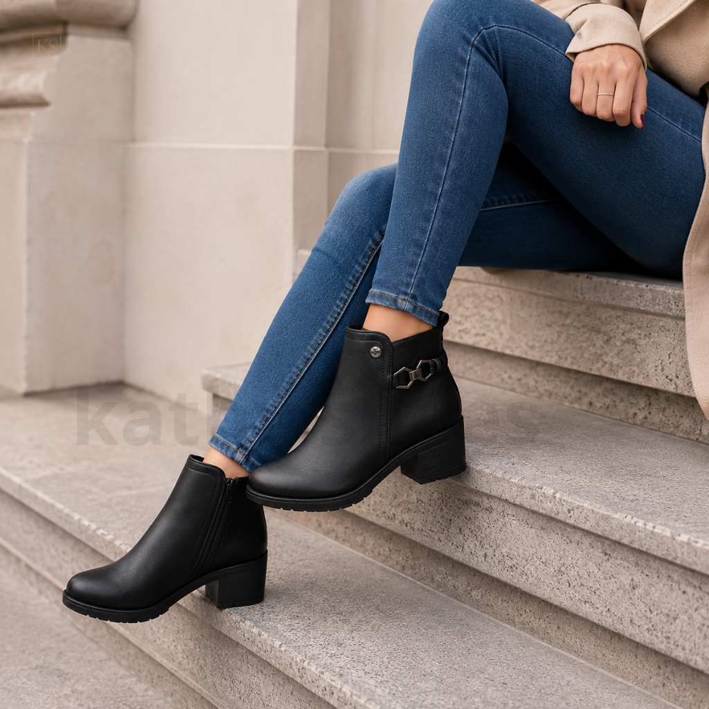 Mujer usando botines negros elegantes de taco 5 cm en un outfit casual.